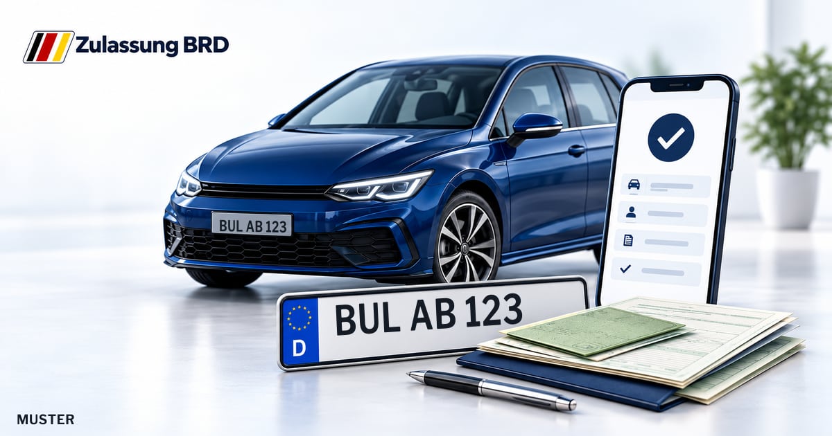 Online Fahrzeugzulassung in Schwandorf: Musterkennzeichen BUL AB 123, Auto und Fahrzeugpapiere und Smartphone. Illustration mit Logo von Zulassung BRD.